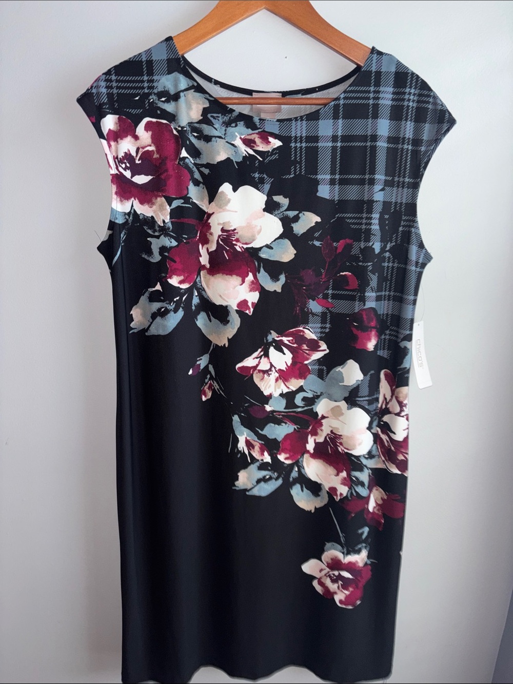 Chico's Black Shift Dress with Berry and Cream Floral Print